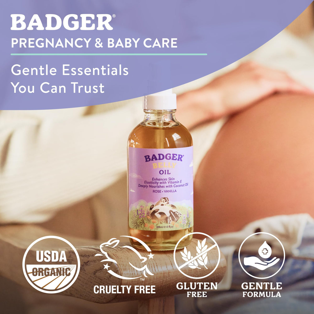 Badger applied to pregnant belly illustrating gentle massage for softened skin