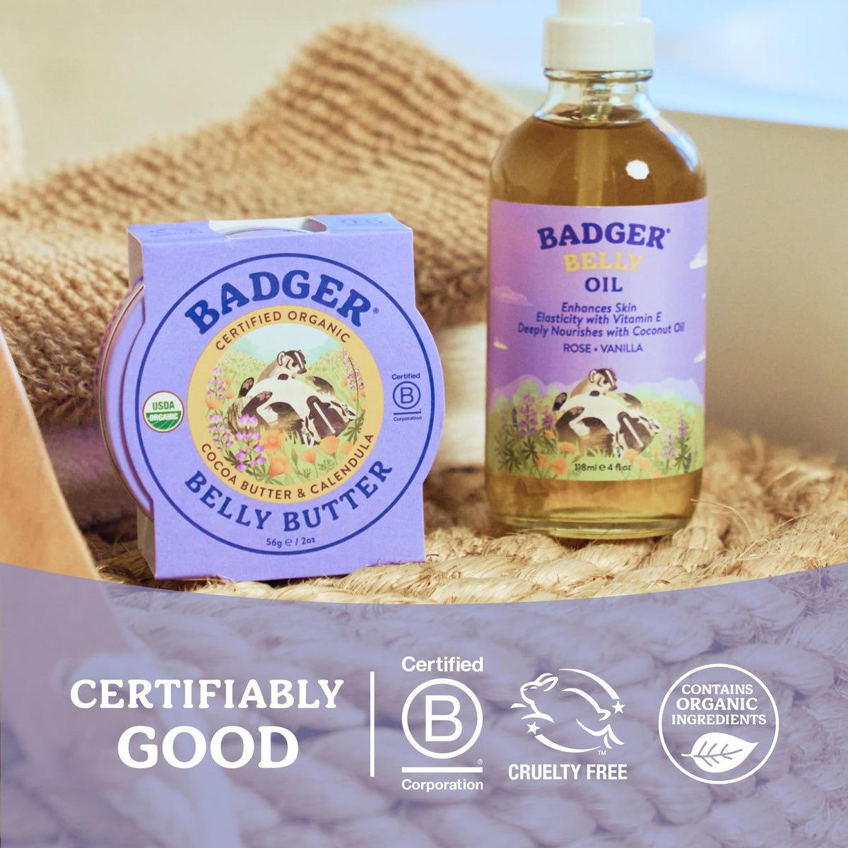 Badger bottle on nursery dresser conveying sustainable, comforting postpartum routine