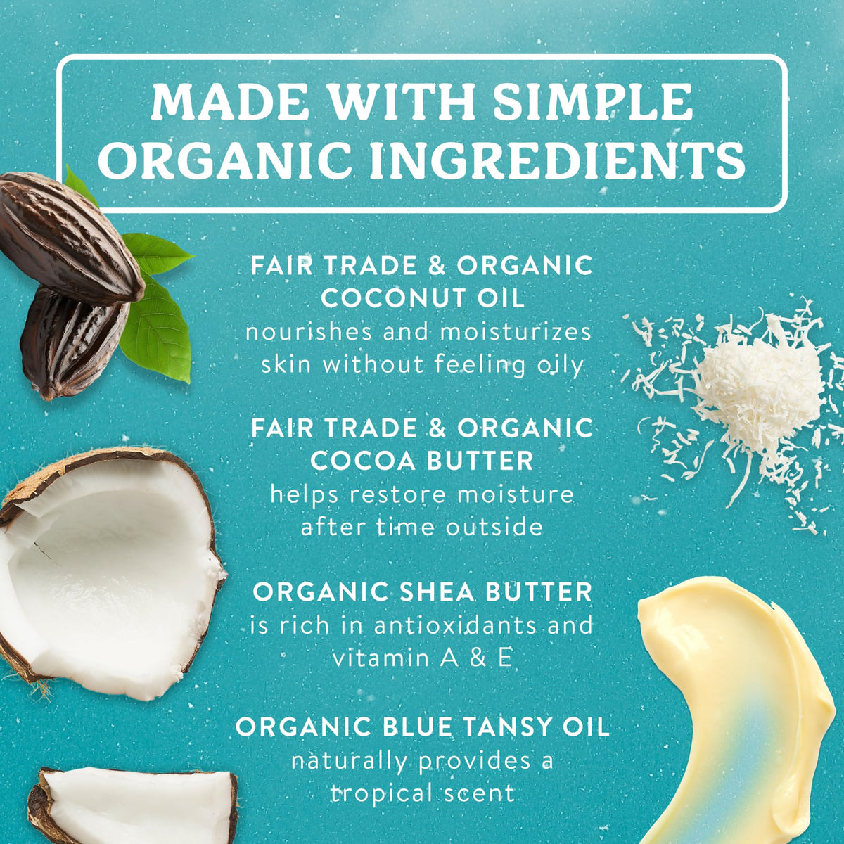 Badger coconut aftersun ingredients flatlay with coconut and botanicals benefit: organic nourishing oils