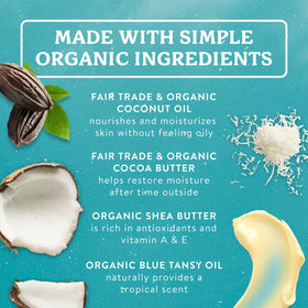 Badger coconut aftersun ingredients flatlay with coconut and botanicals benefit: organic nourishing oils