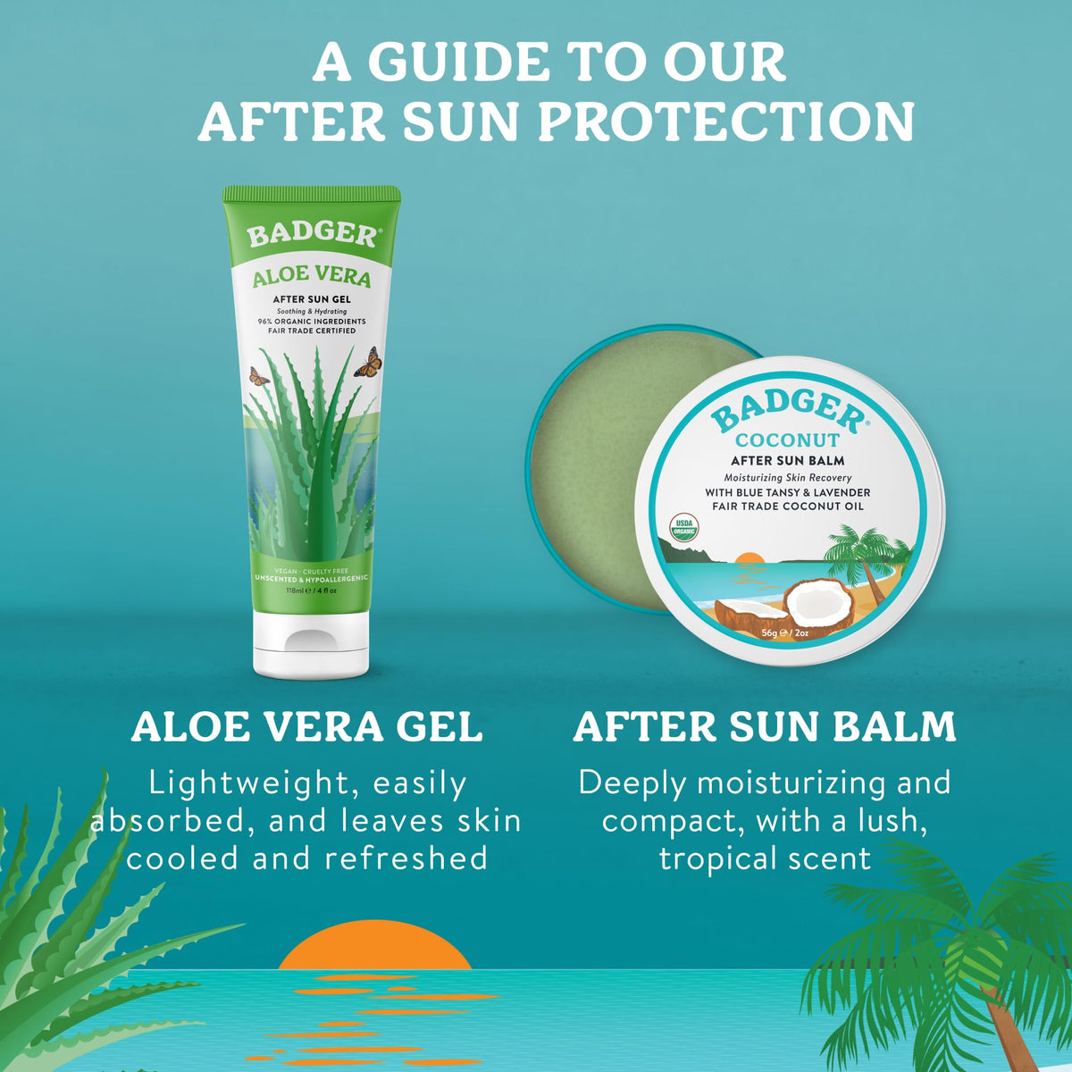 Badger coconut aftersun tin in a beach bag with towel and sunscreen benefit: convenient post-sun care