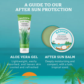 Badger coconut aftersun tin in a beach bag with towel and sunscreen benefit: convenient post-sun care