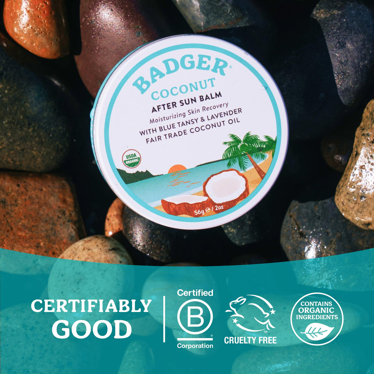 Badger coconut aftersun with coconut and lavender sprig highlighting scent benefit: natural tropical aroma