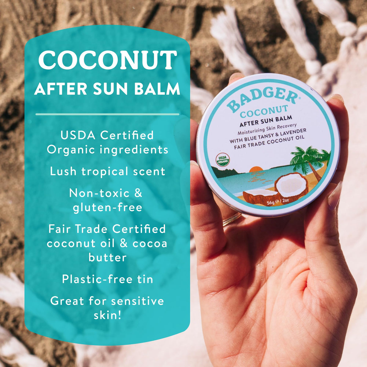 Badger coconut aftersun open tin texture close-up illustrating smooth balm consistency benefit: easy application