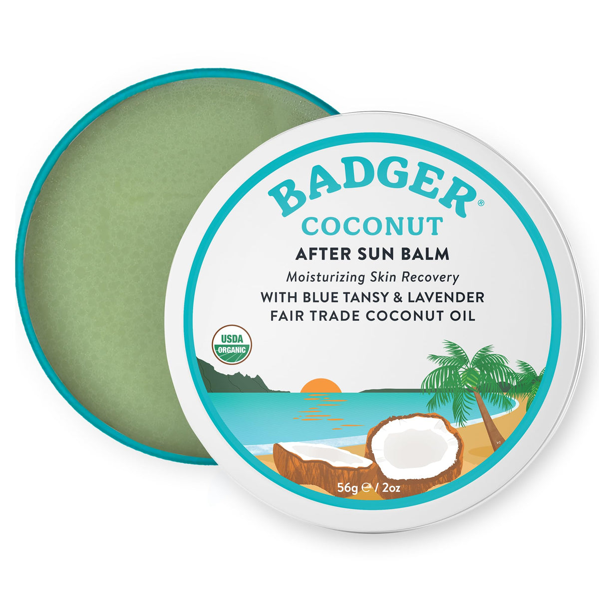 Badger coconut aftersun tin front view showing compact metal packaging and organic branding benefit: travel-ready hydration