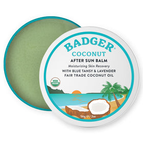 Badger coconut aftersun tin front view showing compact metal packaging and organic branding benefit: travel-ready hydration