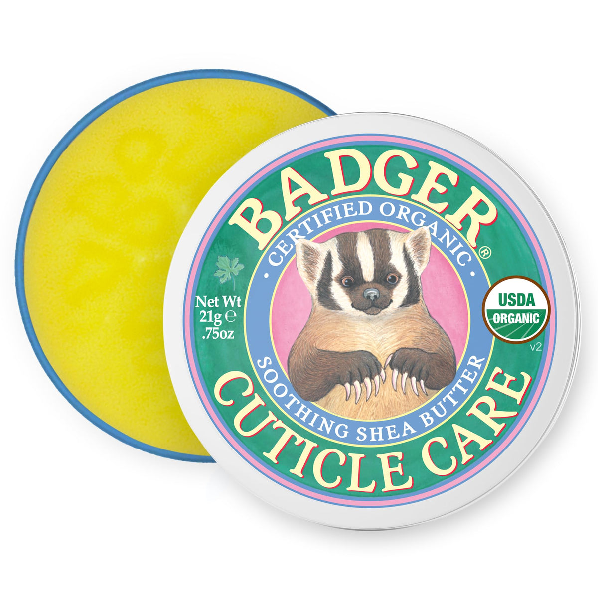 Badger cuticle cream front tin showing brand and compact size for travel