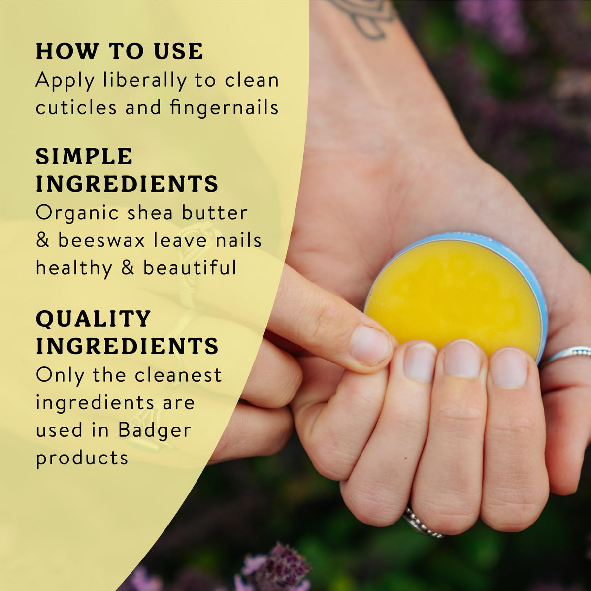 Badger ingredients label listing organic botanicals for gentle nourishment benefit
