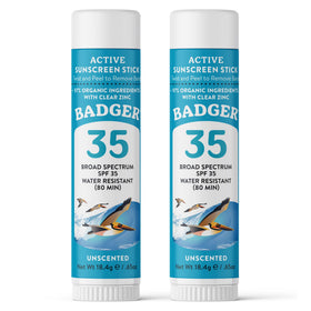 Badger face stick front packaging showing compact travel benefits