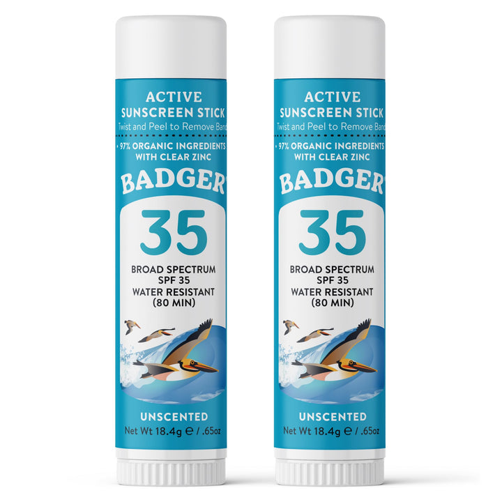 Badger face stick front packaging showing compact travel benefits