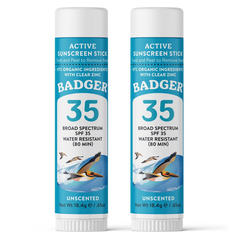 Badger face stick front packaging showing compact travel benefits