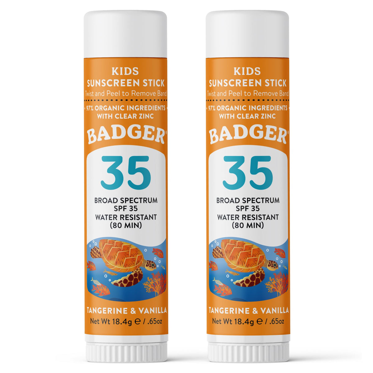 Badger face stick front packaging showing SPF 35 protection and child-friendly design