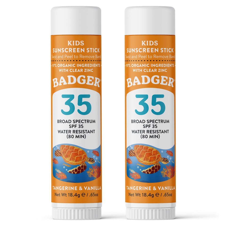 Badger face stick front packaging showing SPF 35 protection and child-friendly design
