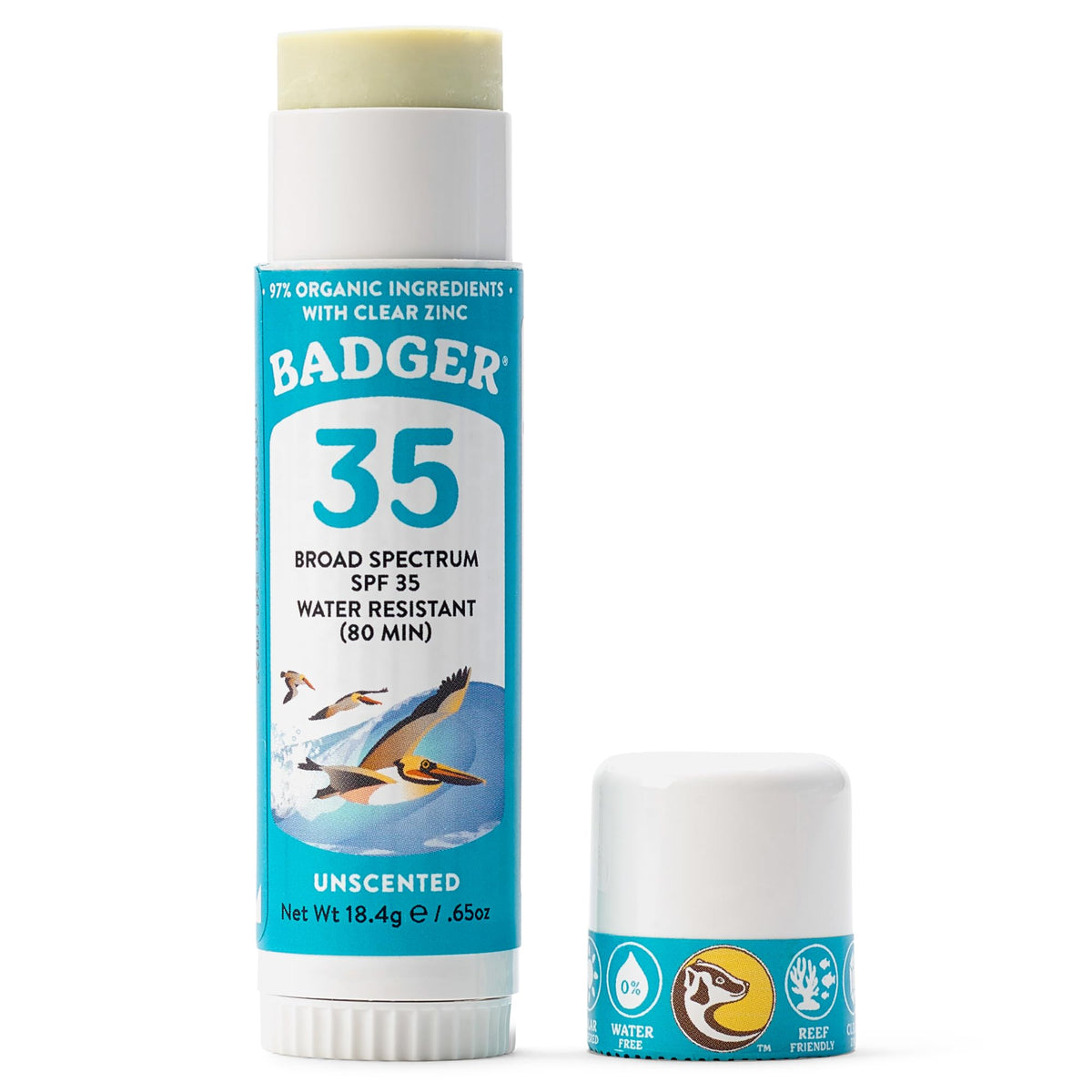 Badger face stick front packaging showing compact sunscreen protection