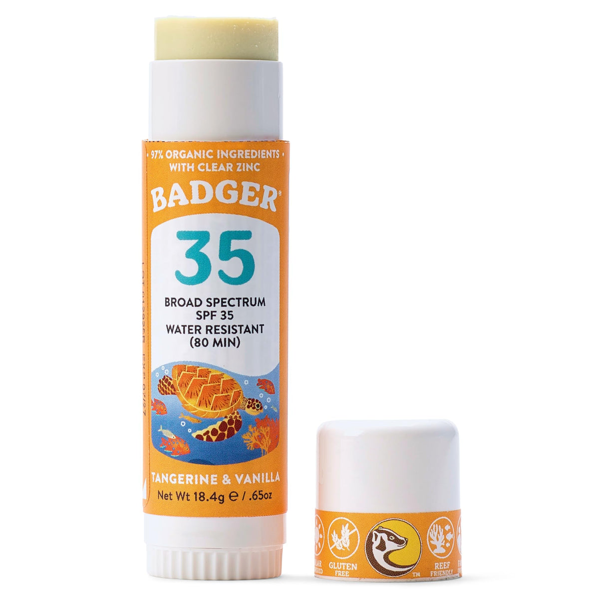 Badger face stick front view showing compact travel-friendly design and SPF benefit