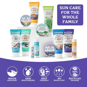 Badger family beach activity image showing reef-safe protection for outdoor fun