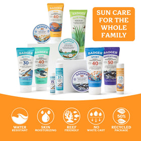 Badger family at beach using sunscreen for safe outdoor play