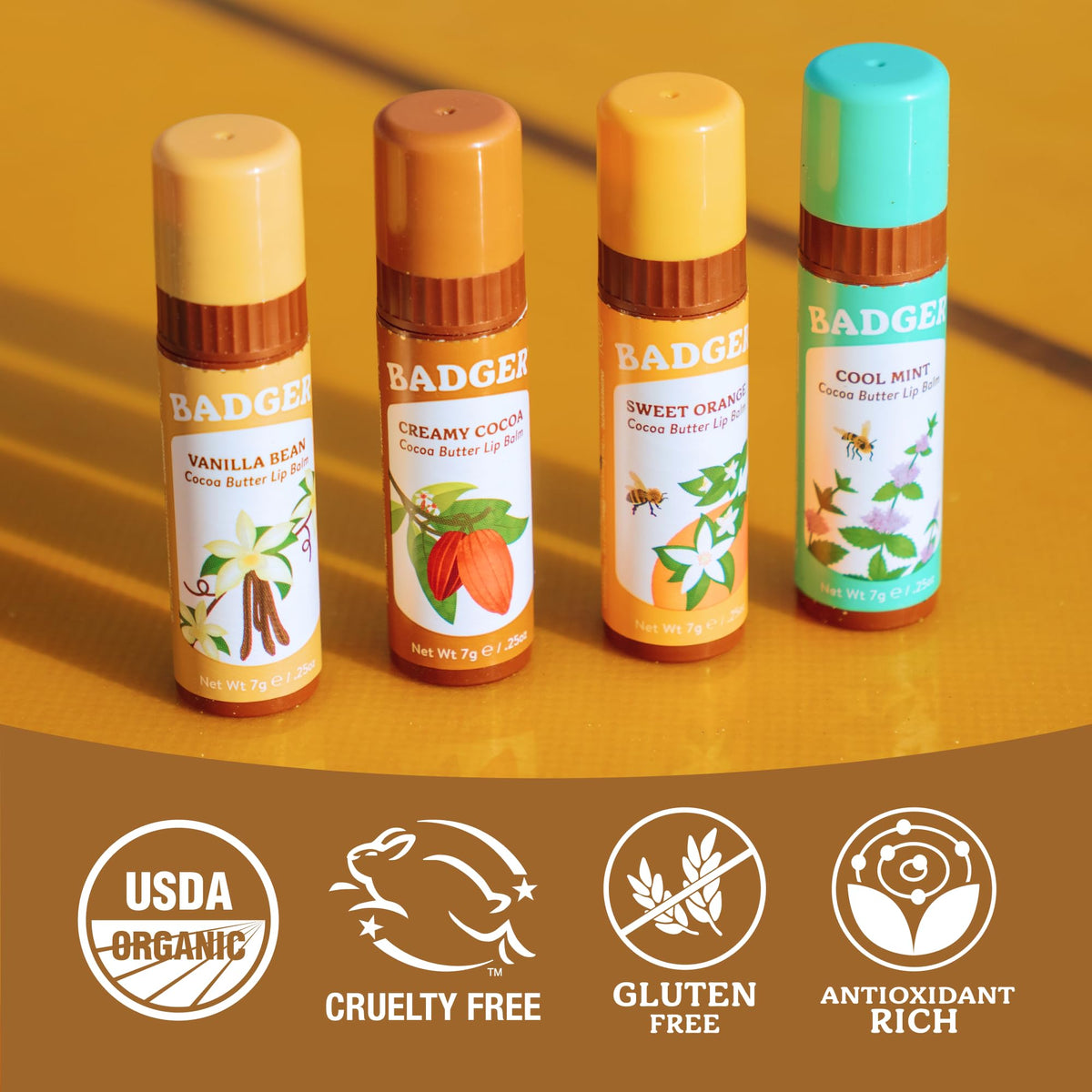 Badger flavor lineup displaying cocoa orange mint and vanilla benefits