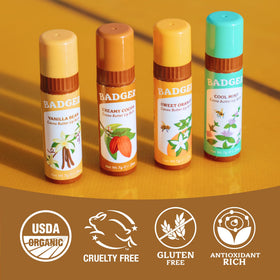 Badger flavor lineup displaying cocoa orange mint and vanilla benefits