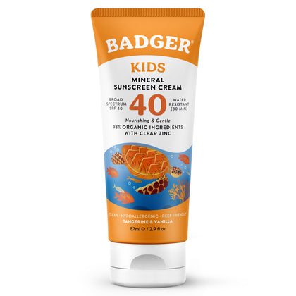 Badger front packaging showing SPF 40 benefits and kid-friendly design
