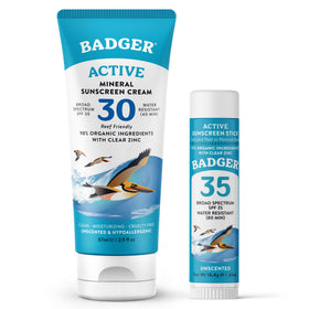 Badger front packaging combo showing sunscreen cream and face stick benefits