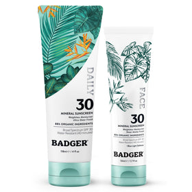 Badger front packaging showing face and body combo, easy daily protection