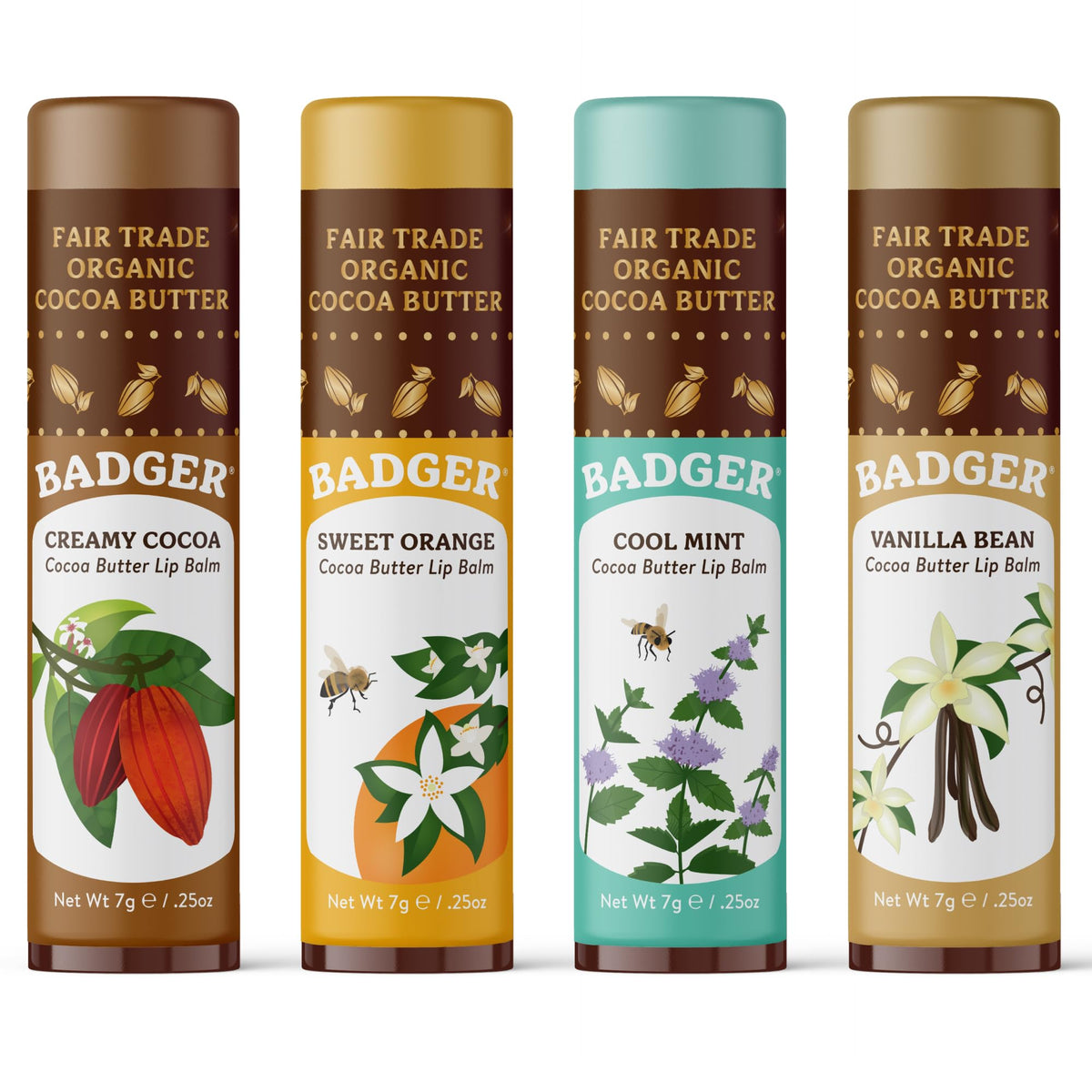 Badger front packaging showing four organic lip balms for variety