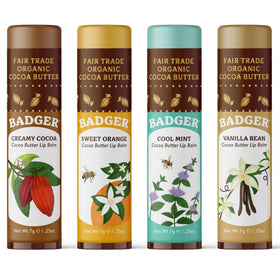 Badger front packaging showing four organic lip balms for variety