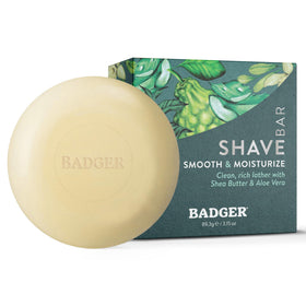 Badger front packaging showing plastic-free shave puck and brand benefits