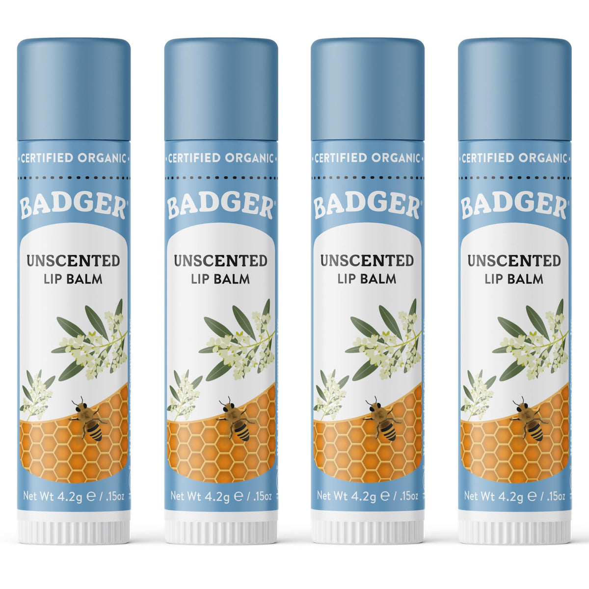 Badger front packaging showing unscented lip balm and organic branding benefits