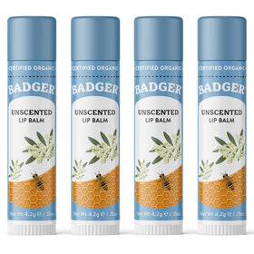 Badger front packaging showing unscented lip balm and organic branding benefits