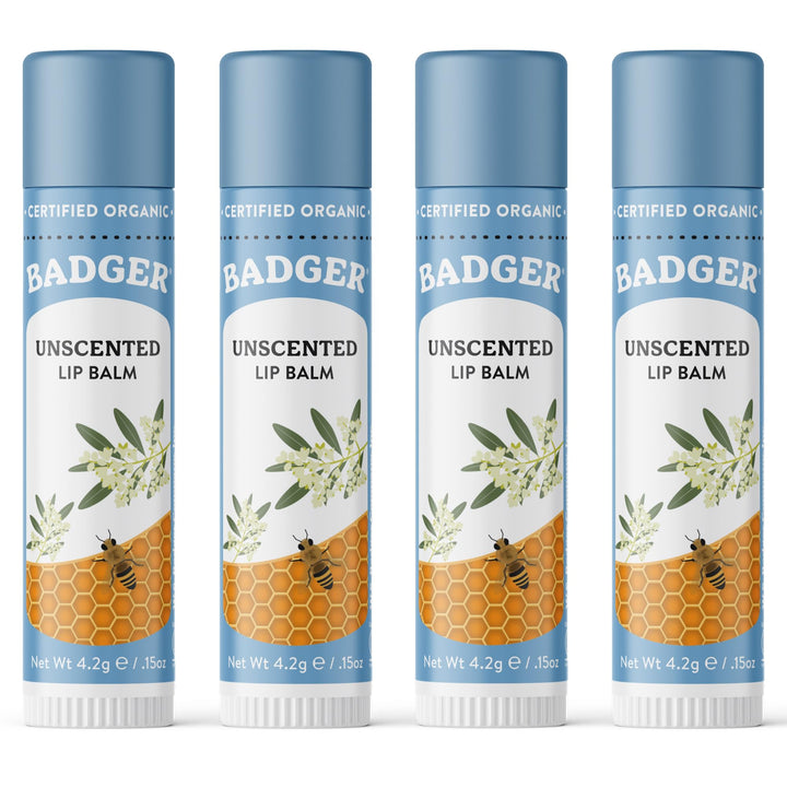Badger front packaging showing unscented lip balm and organic branding benefits