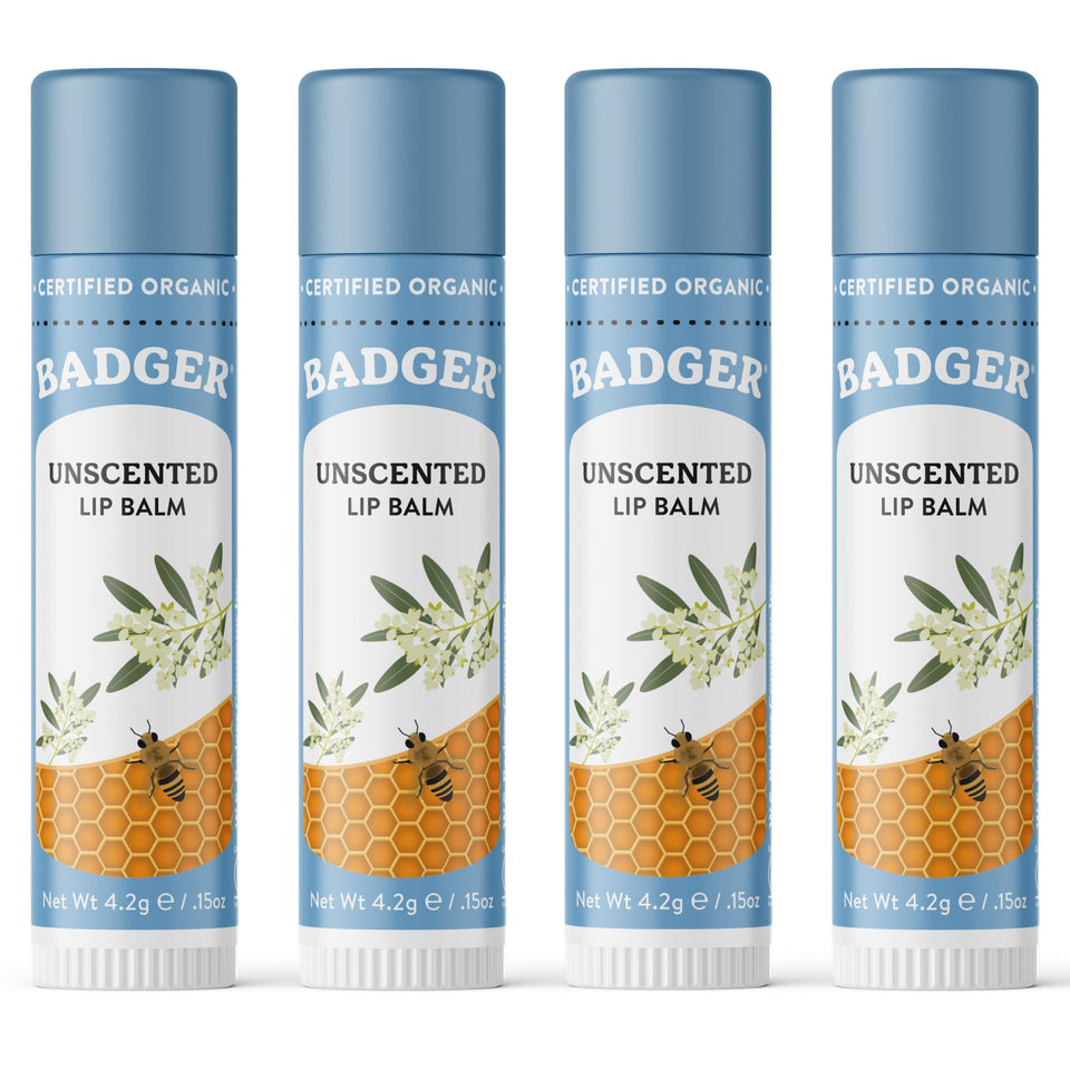 Badger front packaging showing unscented lip balm and organic branding benefits