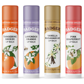 Badger front packaging yellow box displaying four lip balms for easy selection