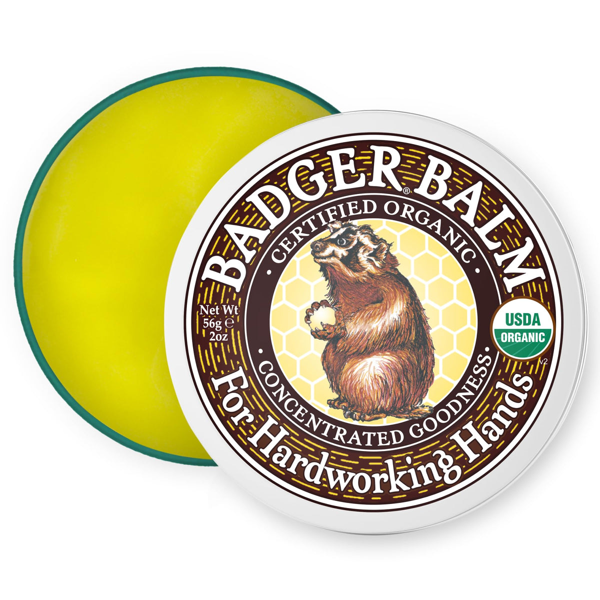Badger front tin showing label and compact organic packaging for easy carry