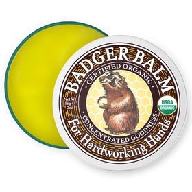 Badger front tin showing label and compact organic packaging for easy carry
