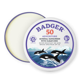 Badger front tin showing brand and SPF 50 for compact protection