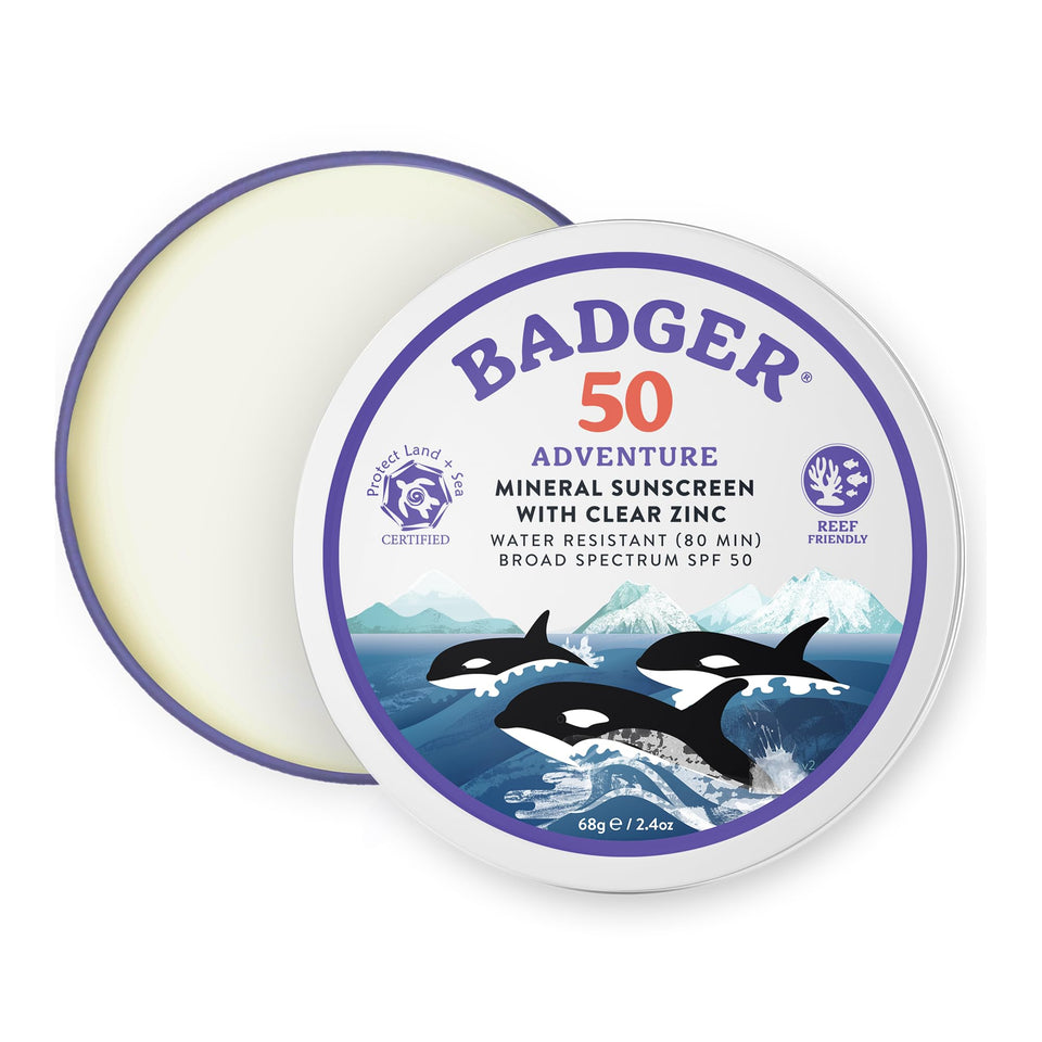 Badger front tin showing brand and SPF 50 for compact protection