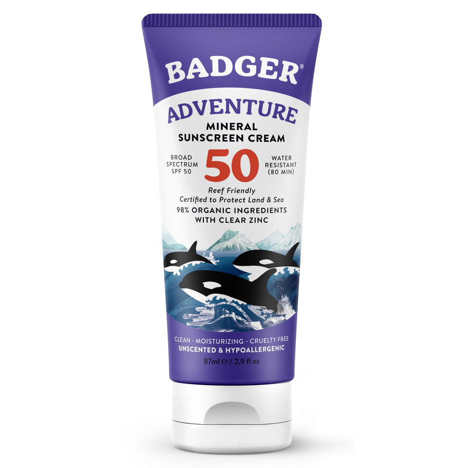 Badger front tube showing SPF 50 and reef-safe protection benefit