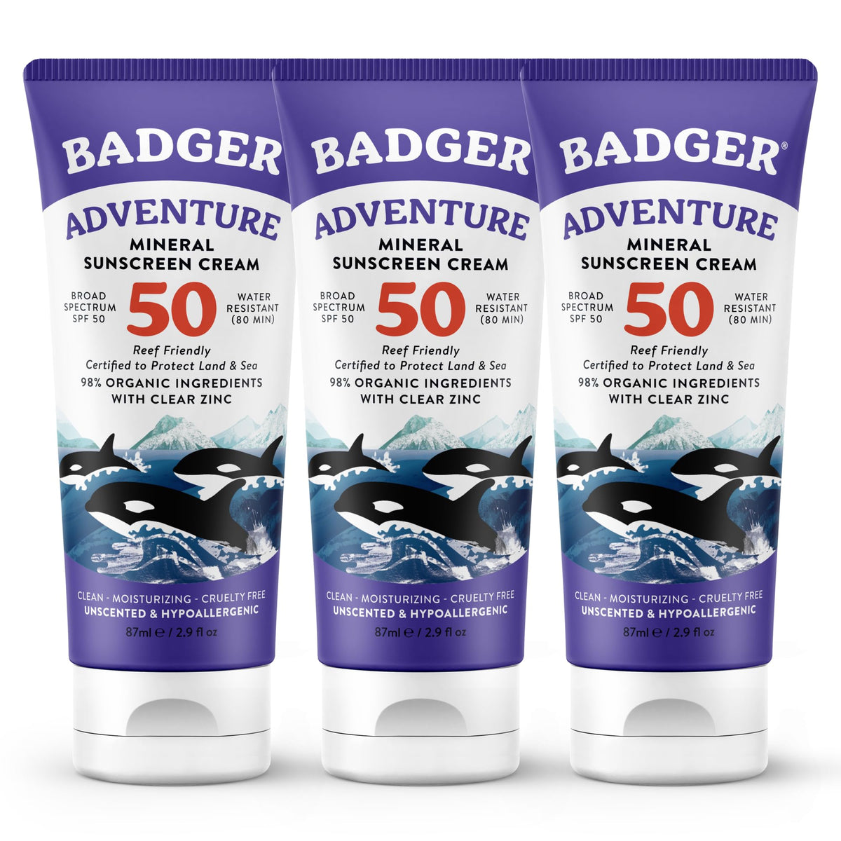 Badger front tube SPF 50 unscented showing branding and travel-ready size benefit