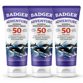 Badger front tube SPF 50 unscented showing branding and travel-ready size benefit