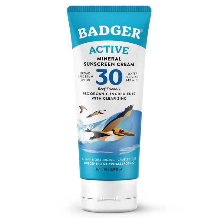 Badger front tube sunscreen showing SPF30 and unscented benefit