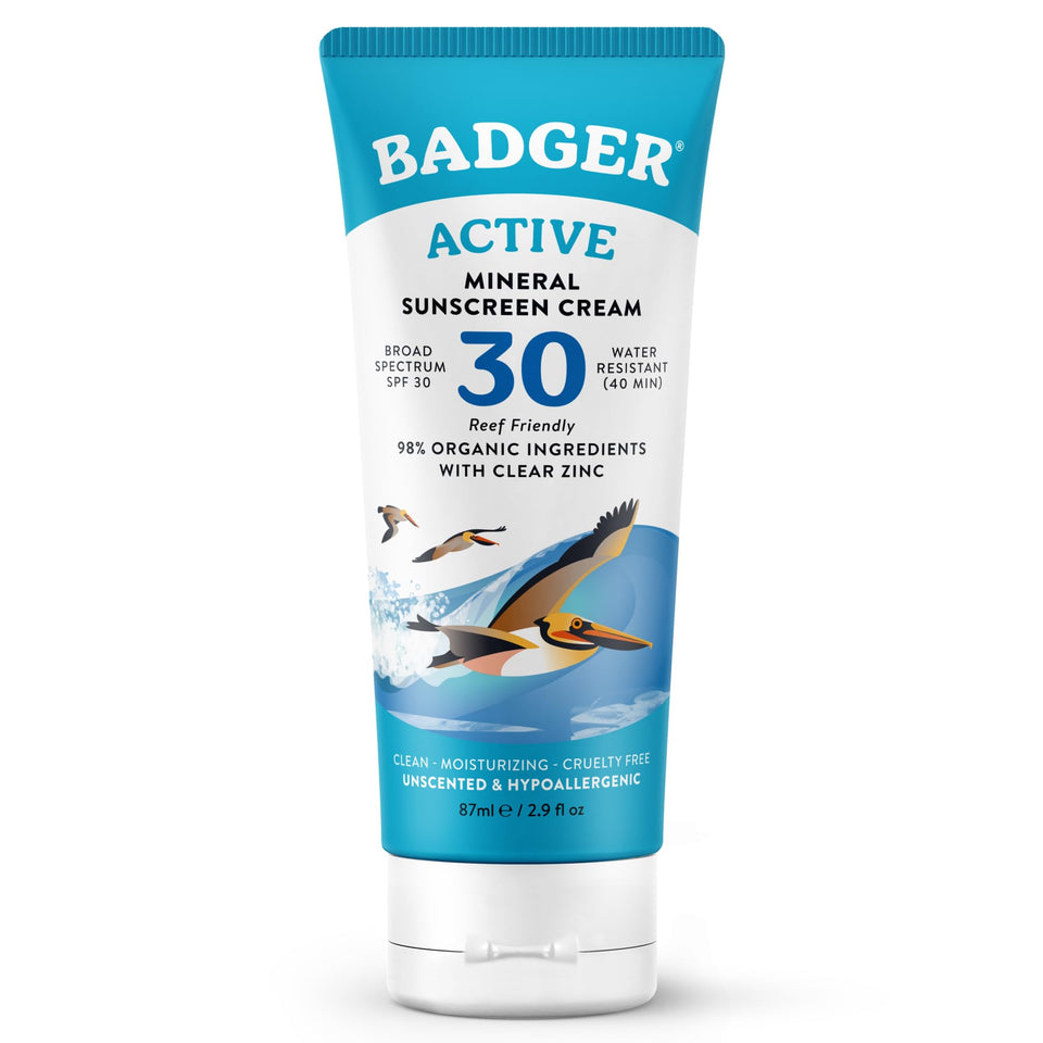 Badger front tube sunscreen showing SPF30 and unscented benefit