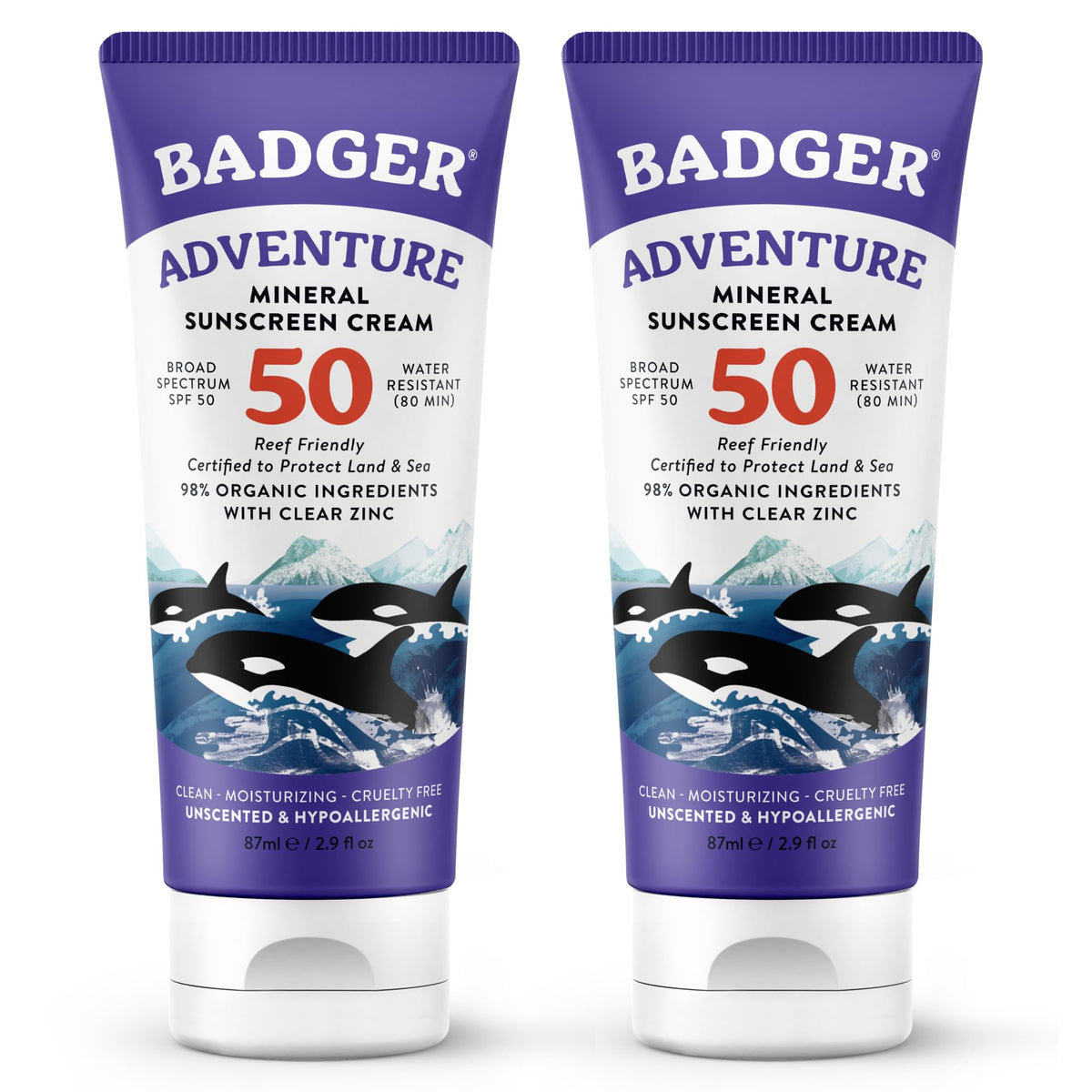 Badger front tube showing label and SPF 50 for clear product identification and trust