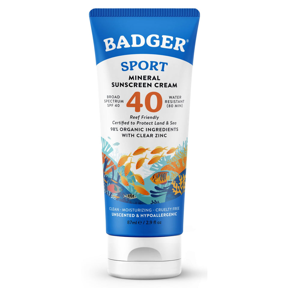Badger front tube view showing SPF 40 and reef-safe benefit