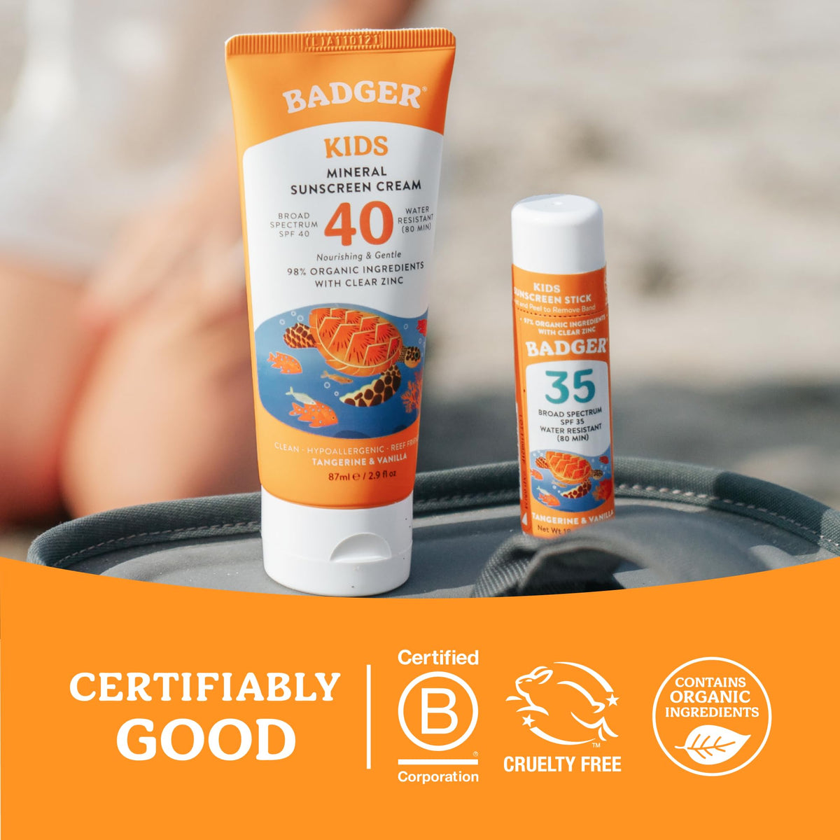 Badger kids sunscreen on family at beach illustrating reef-safe use