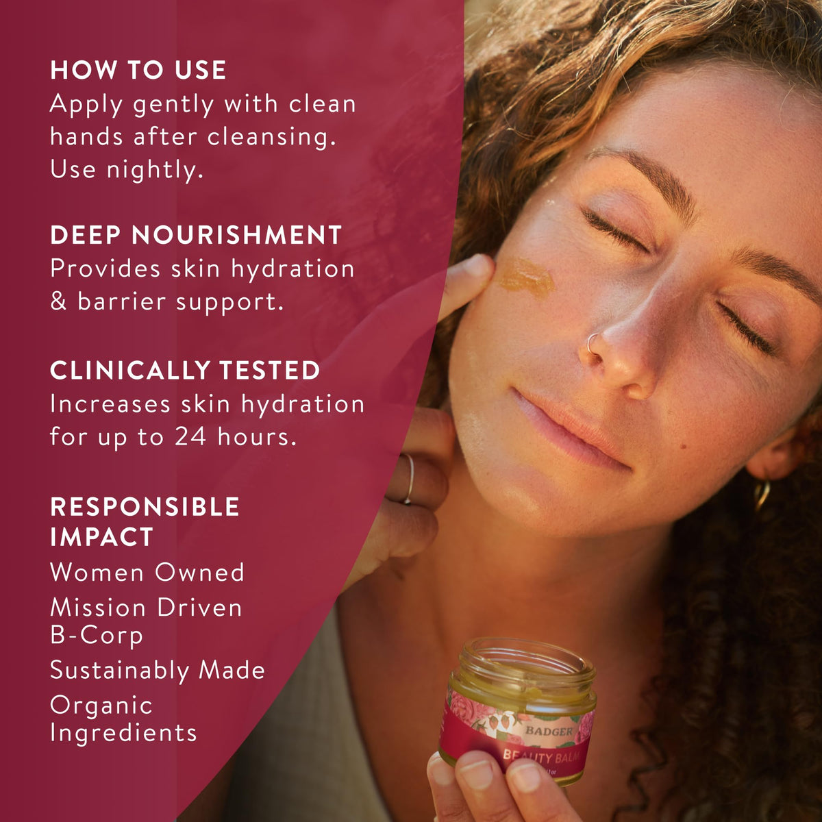 Badger smoothing balm on neck and face for overnight nourishment