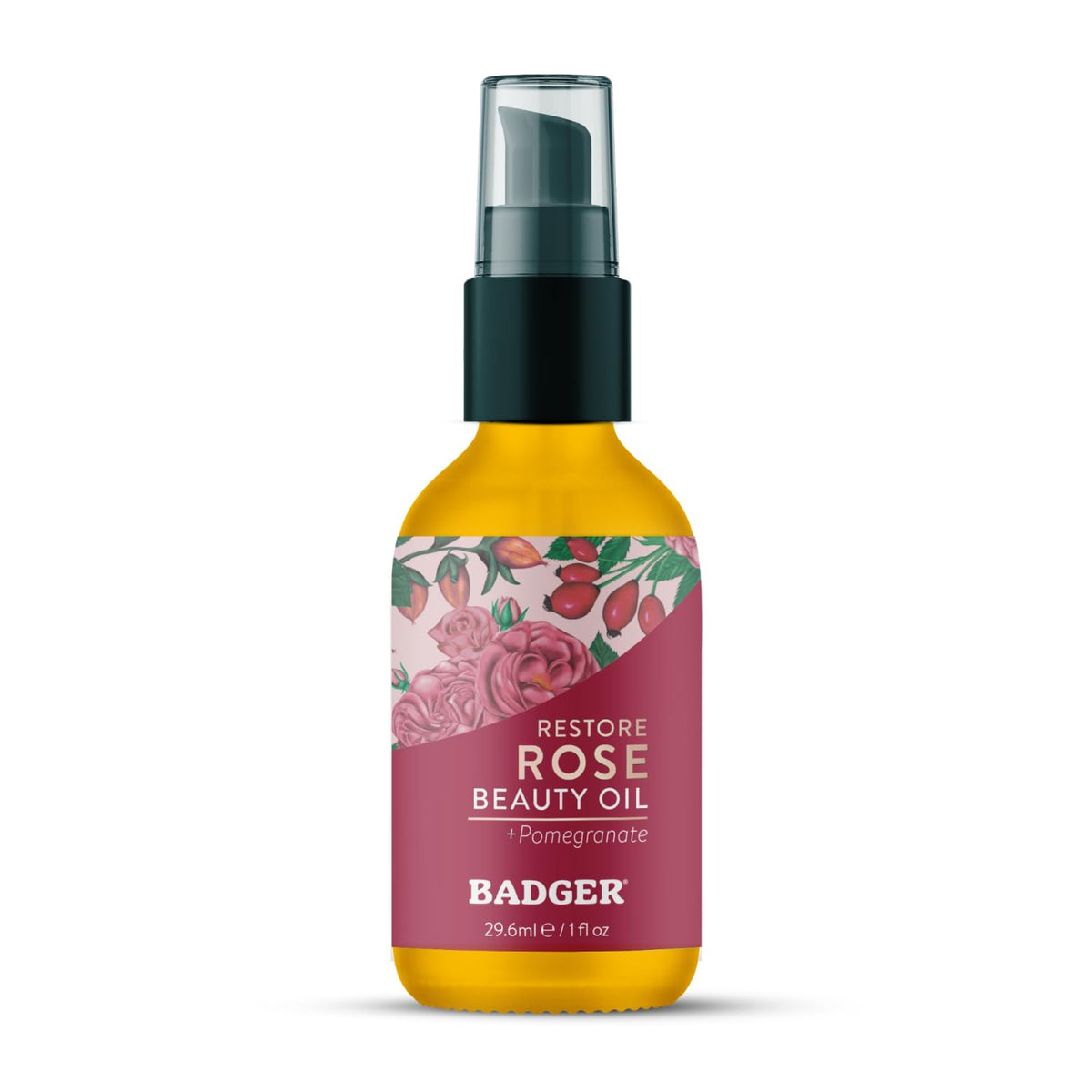 Badger front packaging showing labeled glass bottle and organic branding benefit