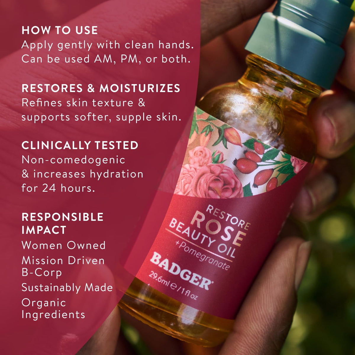 Badger rose petals and oil bottle illustrating real-rose ingredient benefit