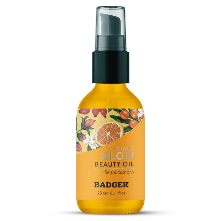 Badger seabuckthorn face oil front packaging showing glass bottle and label for natural hydration
